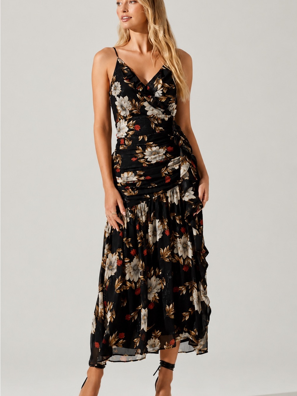 ASTR The Label Sleeveless Ruched Ruffle Floral Maxi Dress Black Size Small